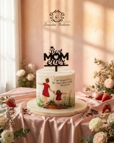 Best Mom Ever designer fondant cake with mother and daughter artwork by Baistin Bakers By Cake House