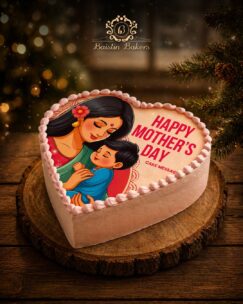 Heart shape Mother’s Day photo cake with mother and child artwork by Baistin Bakers By Cake House