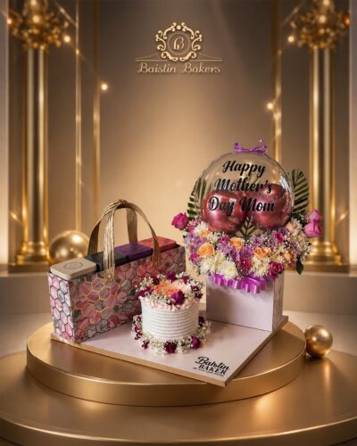 Mother’s Day premium gift hamper with cake flowers and balloons by Baistin Bakers By Cake House