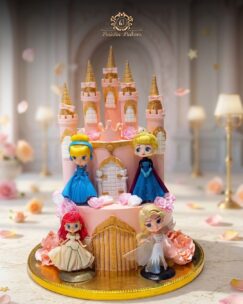 Princess castle theme birthday cake with princess figurines by Baistin Bakers By Cake House