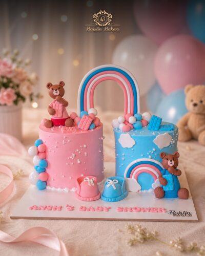 Twin baby shower theme cake with teddy bears and rainbow decorations by Baistin Bakers By Cake House