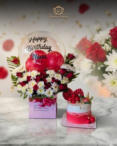 Birthday cake and flower surprise combo with personalized balloon arrangement by Baistin Bakers By Cake House