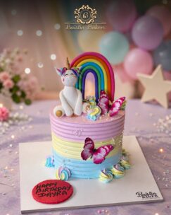 Rainbow unicorn fantasy birthday cake with pastel rainbow and butterfly decorations by Baistin Bakers By Cake House