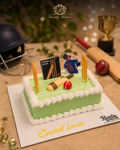 Cricket lover theme birthday cake with cricket bat, wickets, and sports decorations by Baistin Bakers By Cake House
