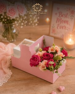 Elegant Mother’s Day cake with golden hearts and mother-child illustration