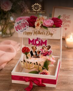 Mother’s Day floral surprise cake box with decorative toppers and premium flower arrangement