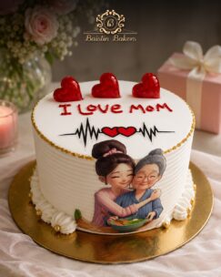 Customized I Love Mom celebration cake with mother and daughter illustration and heart decorations
