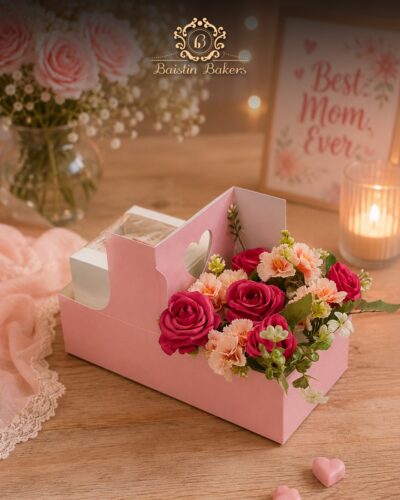 Elegant Mother’s Day cake with golden hearts and mother-child illustration