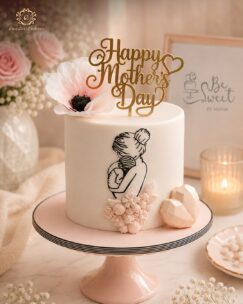 Elegant Mother’s Day cake with mother and child silhouette artwork and floral decorations