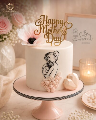 Elegant Mother’s Day cake with mother and child silhouette artwork and floral decorations