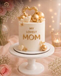 White and gold premium Mother’s Day designer cake with heart and butterfly decorations