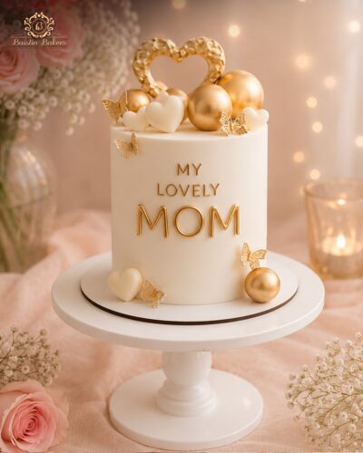 White and gold premium Mother’s Day designer cake with heart and butterfly decorations