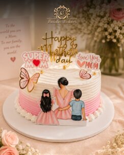 Pink themed Super Mom Mother’s Day cake with family illustration and butterfly toppers