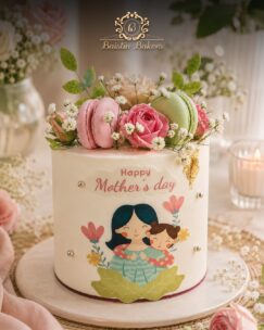 Mother’s Day floral cake decorated with macarons, roses, and mother-child illustration