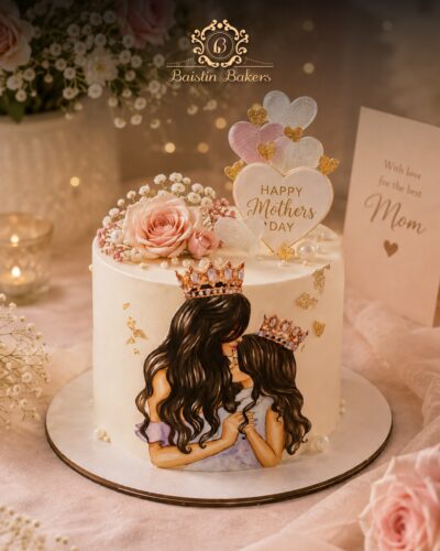 Elegant Mother’s Day cake with floral decorations, crown artwork, and heart topper