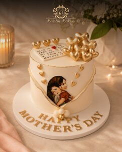 Elegant Mother’s Day cake with golden hearts and mother-child illustration
