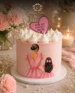 Pink Mother’s Day cake with mother-daughter illustration and cream topping
