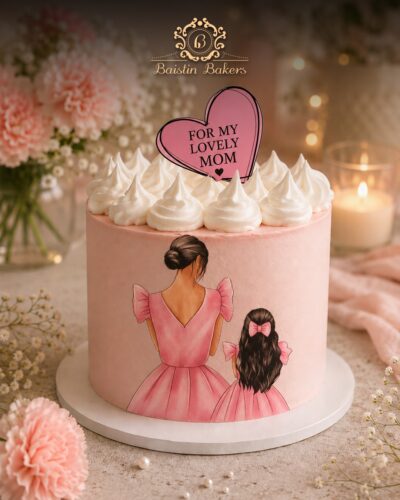 Pink Mother’s Day cake with mother-daughter illustration and cream topping