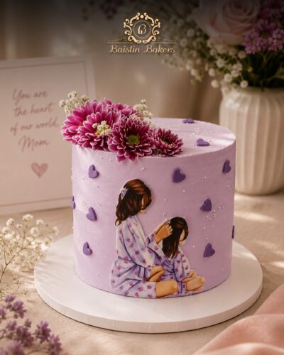 Lavender floral Mother’s Day cake with mother-daughter illustration