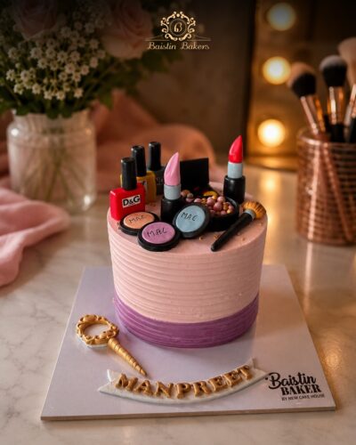 Luxury makeup-themed cake with edible lipsticks, makeup brushes, and cosmetic toppers