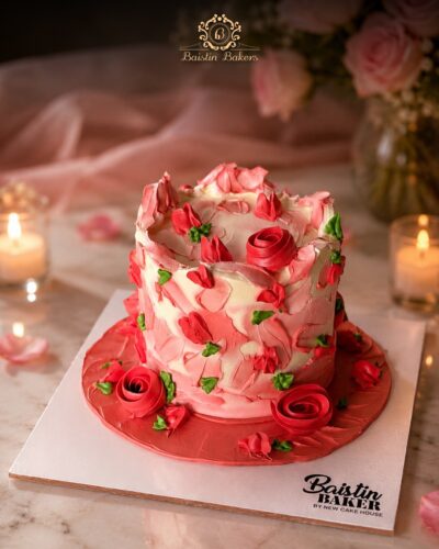 Pink floral buttercream cake with handcrafted roses and artistic texture