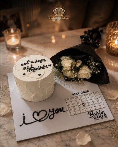 Minimal white anniversary cake with roses and personalized calendar design