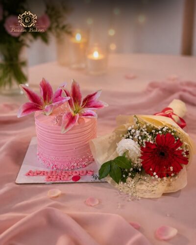 Pink Floral Cake and Bouquet Combo in Jalandhar