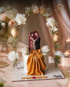 Luxury floral arch anniversary cake with personalized couple photo