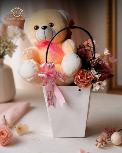 Luxury teddy bear gift basket with pink ribbon