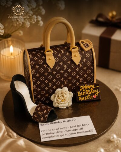 Luxury handbag birthday cake with designer purse styling, matching high heel, and premium fashion-themed decorations.