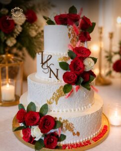 Luxury multi-tier wedding cake decorated with red roses