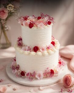 legant two-tier white floral cake decorated with pink blossoms
