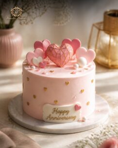 Elegant pink anniversary cake decorated with heart toppers, gold accents, and romantic celebration theme.