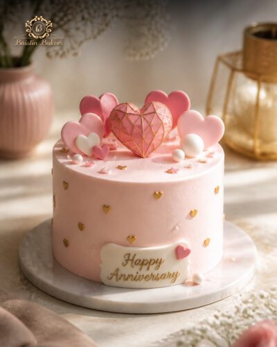 Elegant pink anniversary cake decorated with heart toppers, gold accents, and romantic celebration theme.