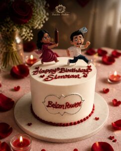 Funny couple theme birthday cake featuring cartoon figurines and humorous belan power design.