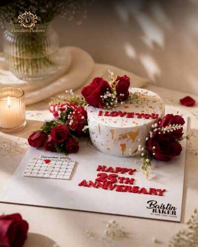 Customized 25th anniversary cake decorated with roses and anniversary-themed details.