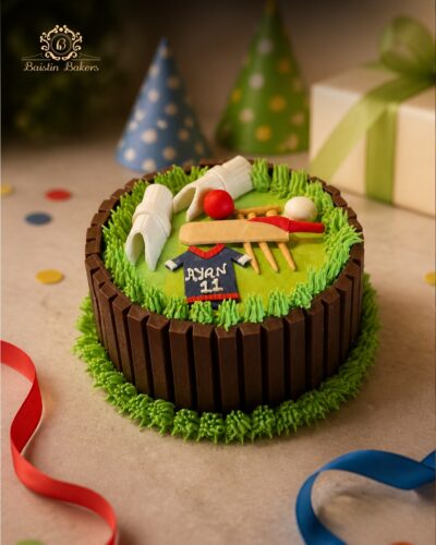 Customized cricket-themed birthday cake featuring cricket bat, gloves, ball, and wickets.