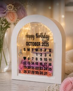 Personalized birthday calendar gift box featuring flowers, lighting, and a highlighted special date.