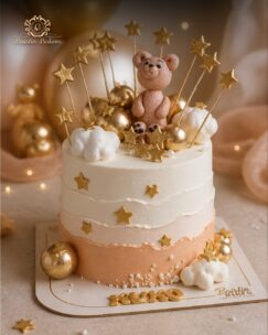Luxury teddy bear theme customized cake with golden stars and clouds by Baistin Bakers Jalandhar