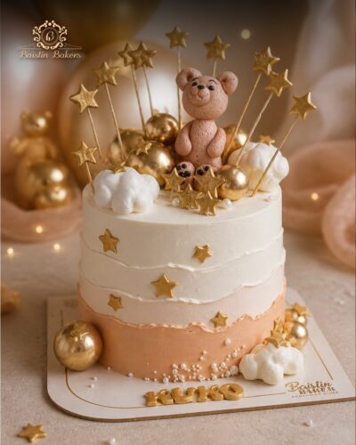 Luxury teddy bear theme customized cake with golden stars and clouds by Baistin Bakers Jalandhar