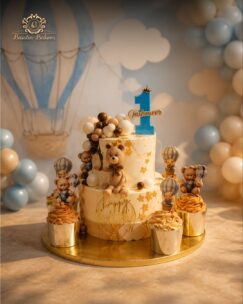 Teddy bear first birthday cake with hot air balloons and stars by Baistin Bakers Jalandhar