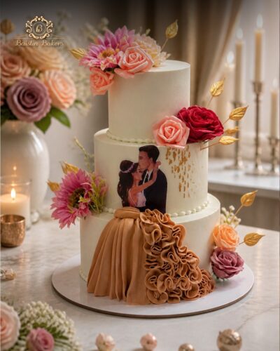 Luxury floral photo wedding cake with elegant rose decorations by Baistin Bakers Jalandhar