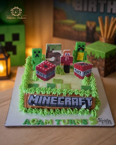 Minecraft theme birthday cake with Creepers and TNT blocks by Baistin Bakers Jalandhar