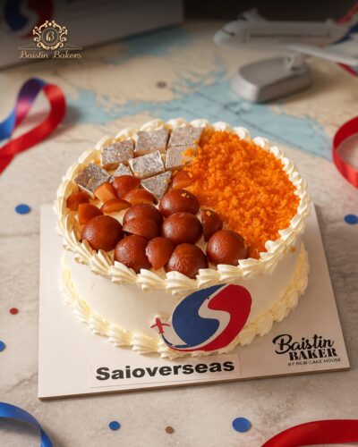 Fusion cake topped with Gulab Jamun, Kaju Katli and Motichoor Laddu by Baistin Bakers Jalandhar