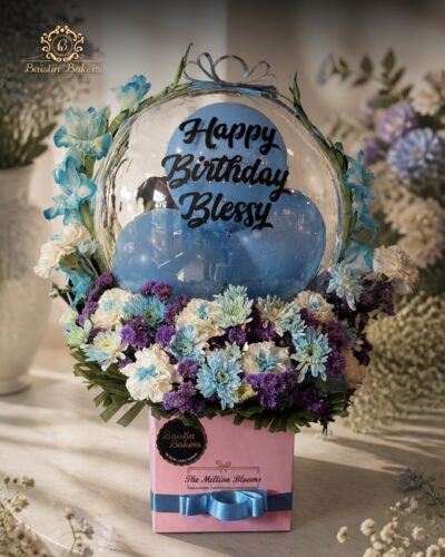 Birthday floral arrangement with customized balloon gift box by Baistin Bakers Jalandhar
