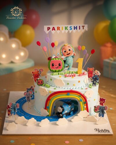 Cocomelon first birthday cake with rainbow and train theme by Baistin Bakers Jalandhar