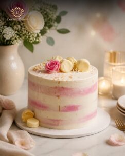 Elegant blush rose macaron celebration cake by Baistin Bakers Jalandhar