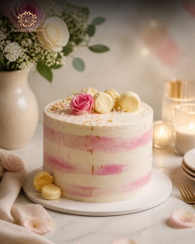 Elegant blush rose macaron celebration cake by Baistin Bakers Jalandhar