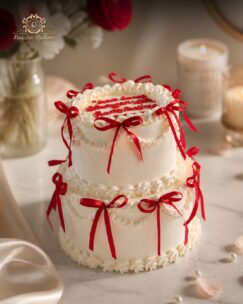 Vintage ribbon celebration cake with red bows by Baistin Bakers Jalandhar